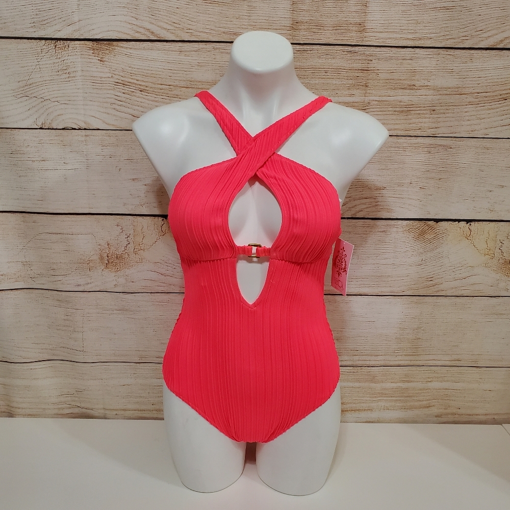NWT Becca Ribbed One Piece Swimsuit Neon Pink Small